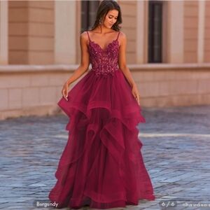 Stacees A-line Princess V Neck Floor-Length Tulle Prom Dress with Ruffles Sz 18